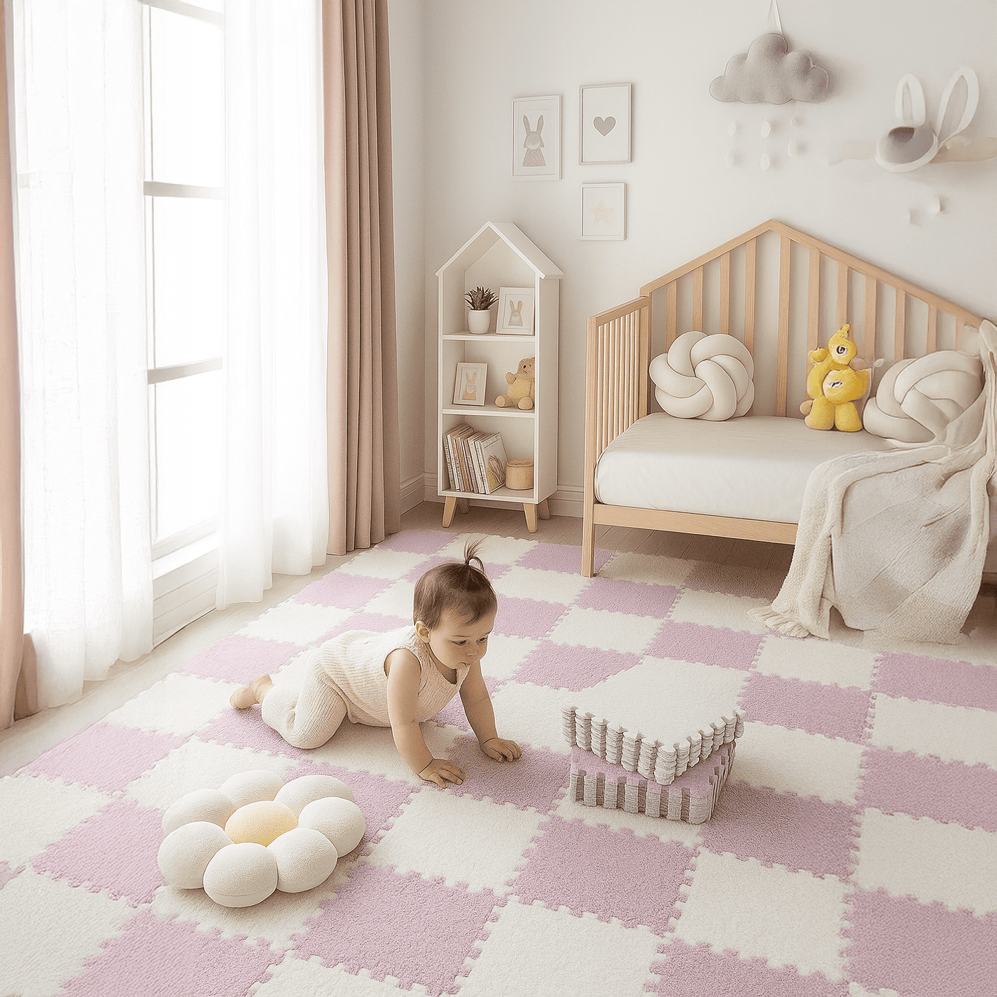Puzzel Zachte Babymat Premium Wit-Beige / Grijs-Roze / Roze-Wit