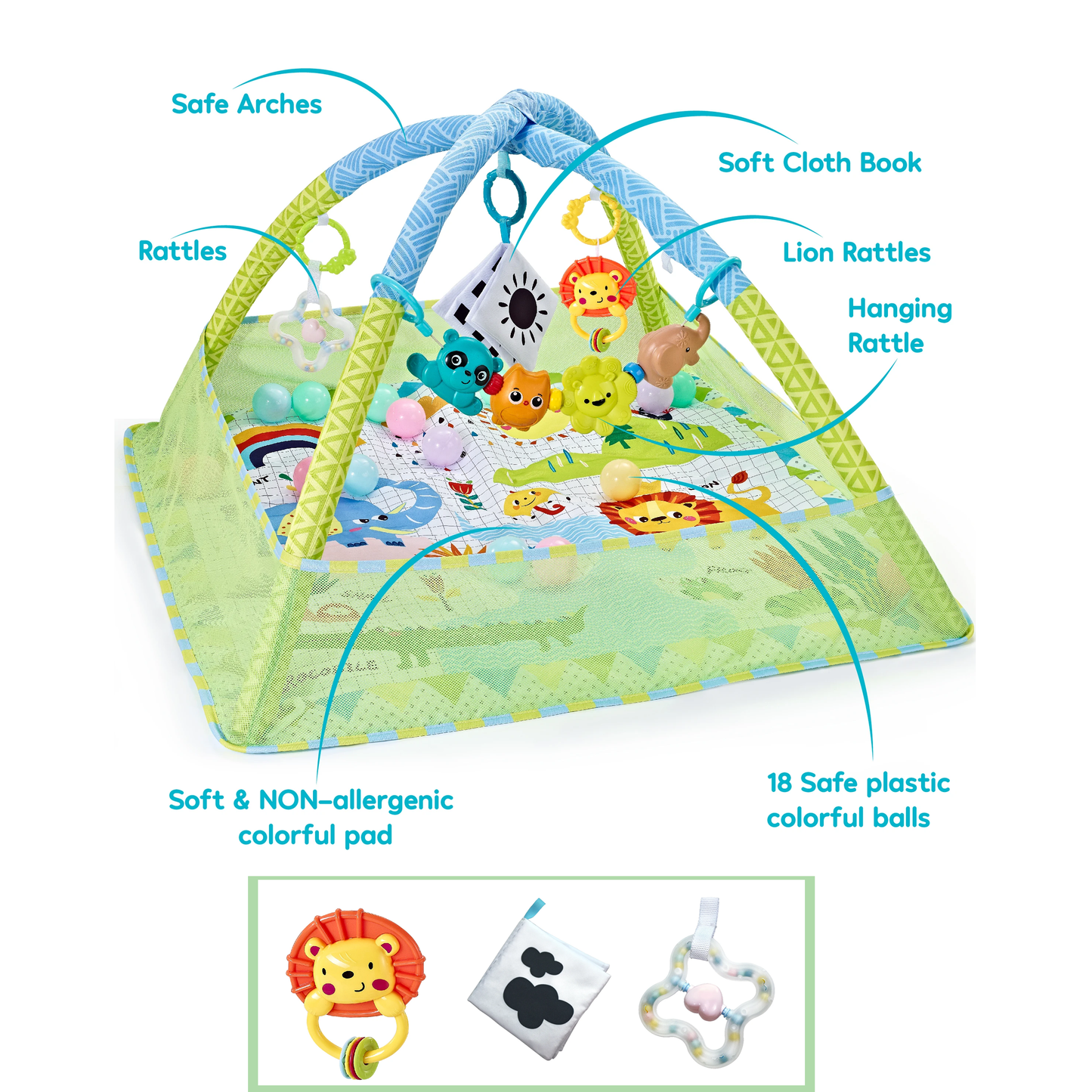 Tapis de jeu carré doux pour bébé avec jouets et hochets