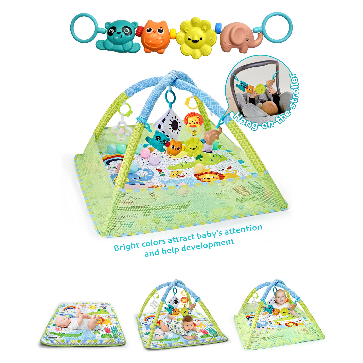 Tapis de jeu carré doux pour bébé avec jouets et hochets