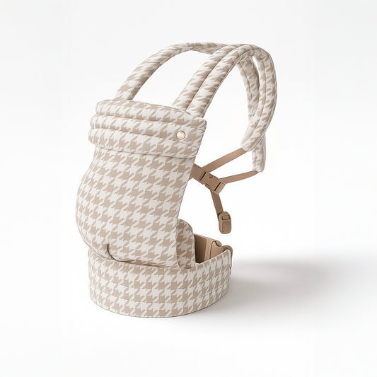 Baby carrier with houndstooth pattern on a white background