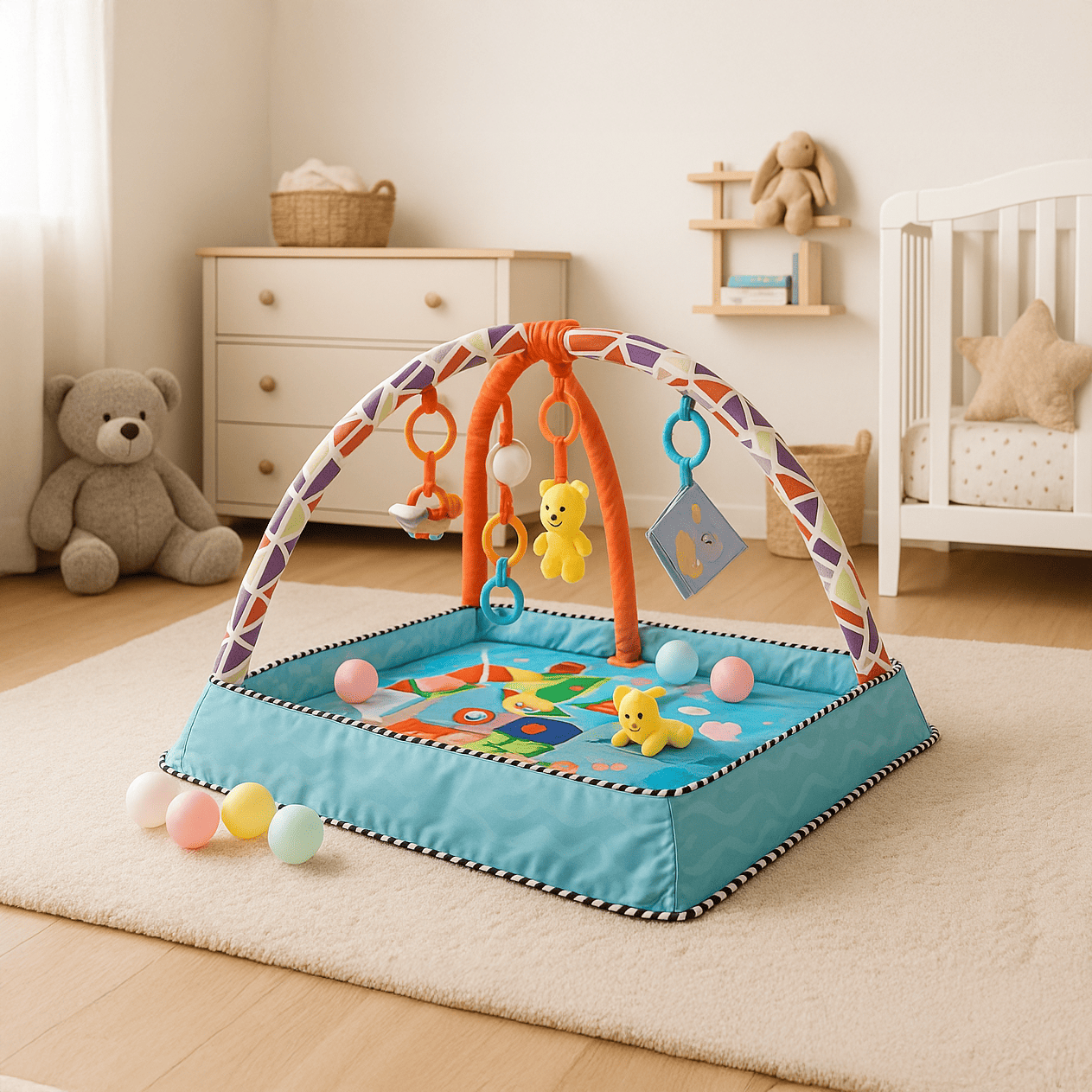 Tapis de jeu carré doux pour bébé avec jouets et hochets