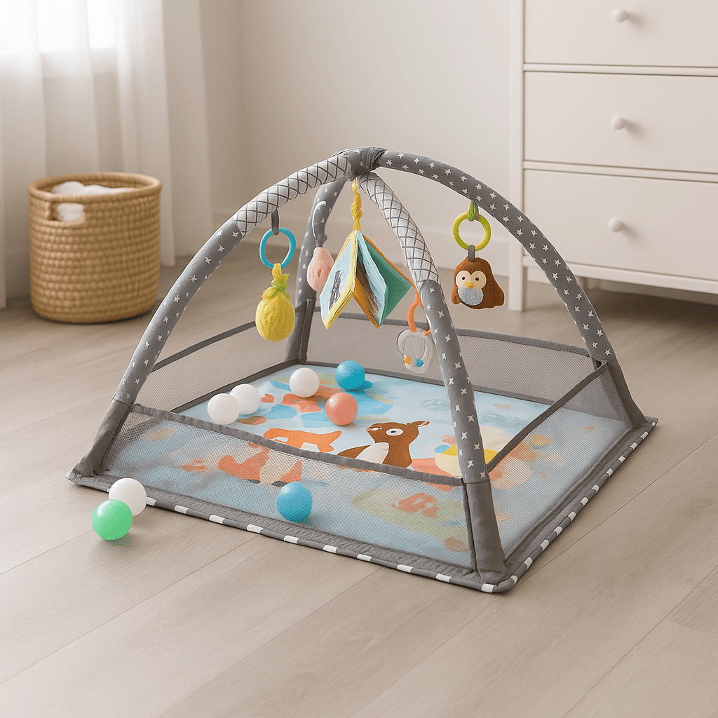 Tapis de jeu carré doux pour bébé avec jouets et hochets