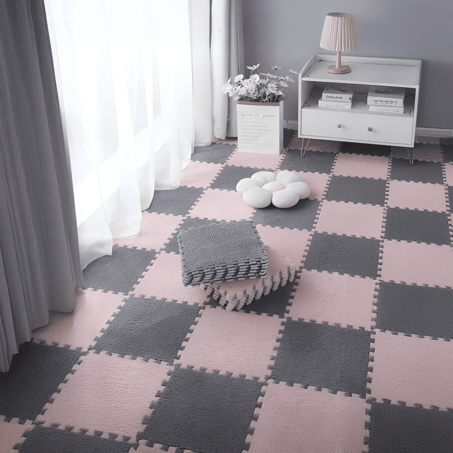 Puzzel Zachte Babymat Premium Wit-Beige / Grijs-Roze / Roze-Wit