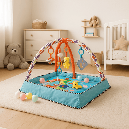Tapis de jeu carré doux pour bébé avec jouets et hochets 
