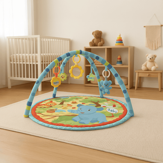 Tapis de jeu rond et doux pour bébé avec jouets | Motif animalier coloré 