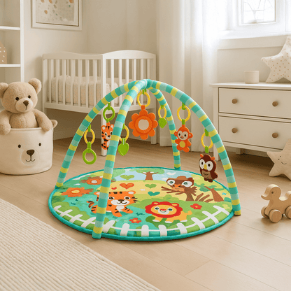 Tapis de jeu rond et doux pour bébé avec jouets | Motif animalier coloré 
