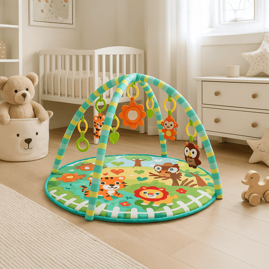 Tapis de jeu rond et doux pour bébé avec jouets | Motif animalier coloré 