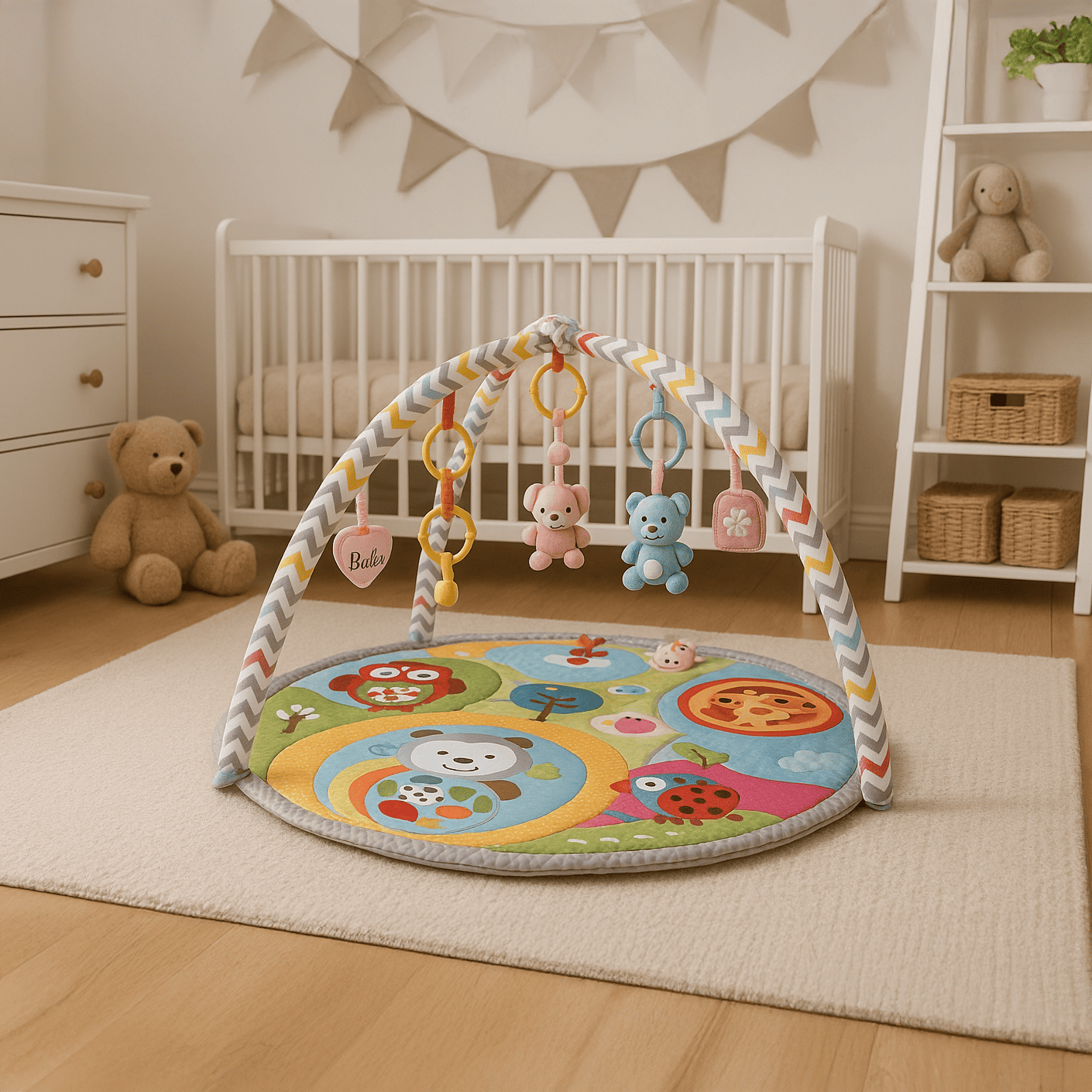 Tapis de jeu rond et doux pour bébé avec jouets | Motif animalier coloré 