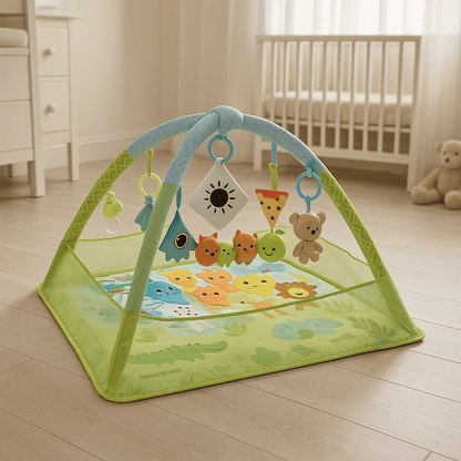 Tapis de jeu carré doux pour bébé avec jouets et hochets 